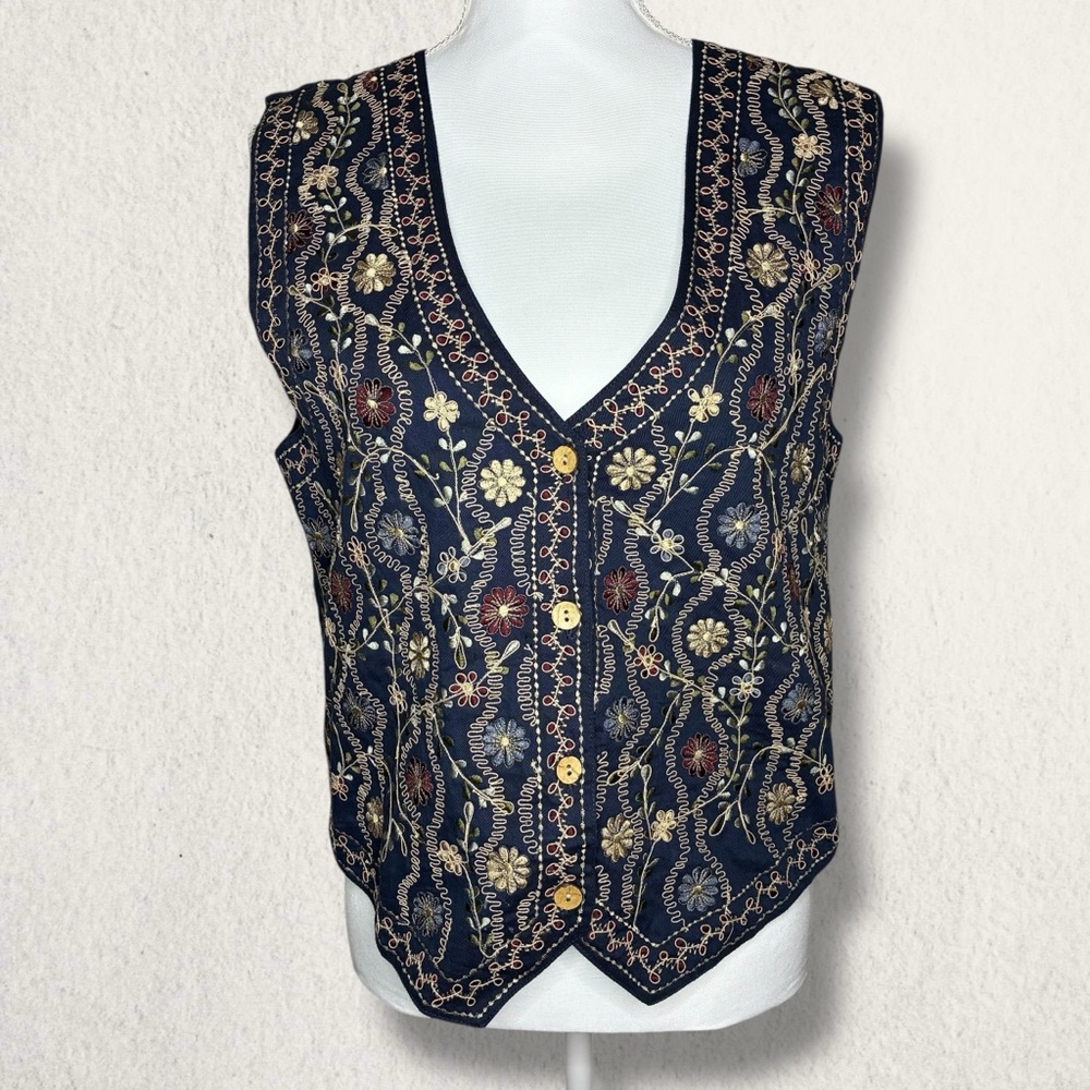 Vintage 90s navy floral embroidered vest size medium